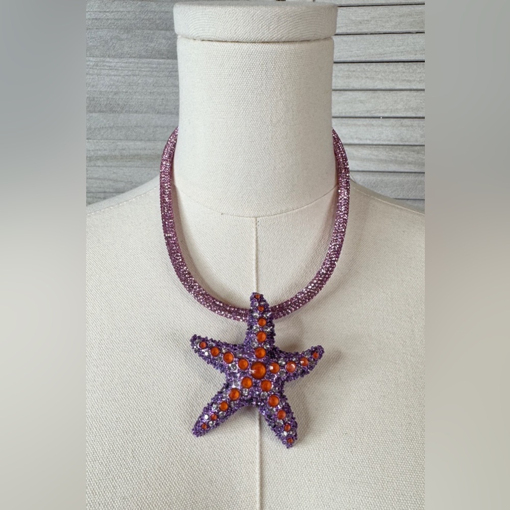 Betsey Johnson Purple & Orange Rhinestone Starfish Necklace Statement
